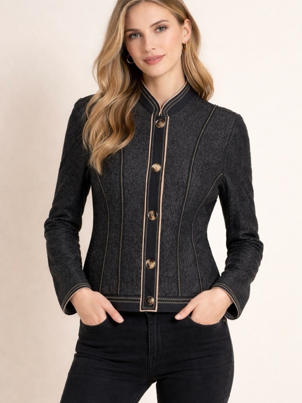 Chico’s Black Textured Piped Crinkled Button Down Mandarin Jacket Size 0 (xs)